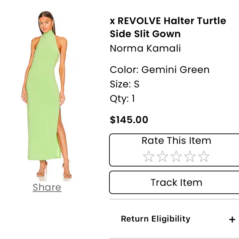 Revolve Norma Kamali Halter Turtle Neck Side Slit Green Dress
Size S
